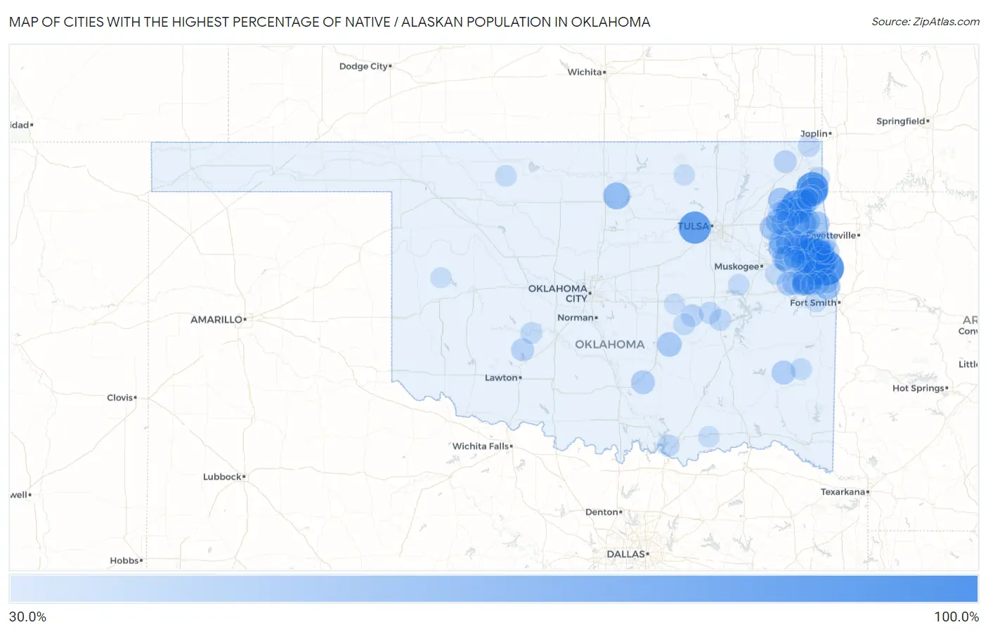 Cities with the Highest Percentage of Native / Alaskan Population in Oklahoma Map