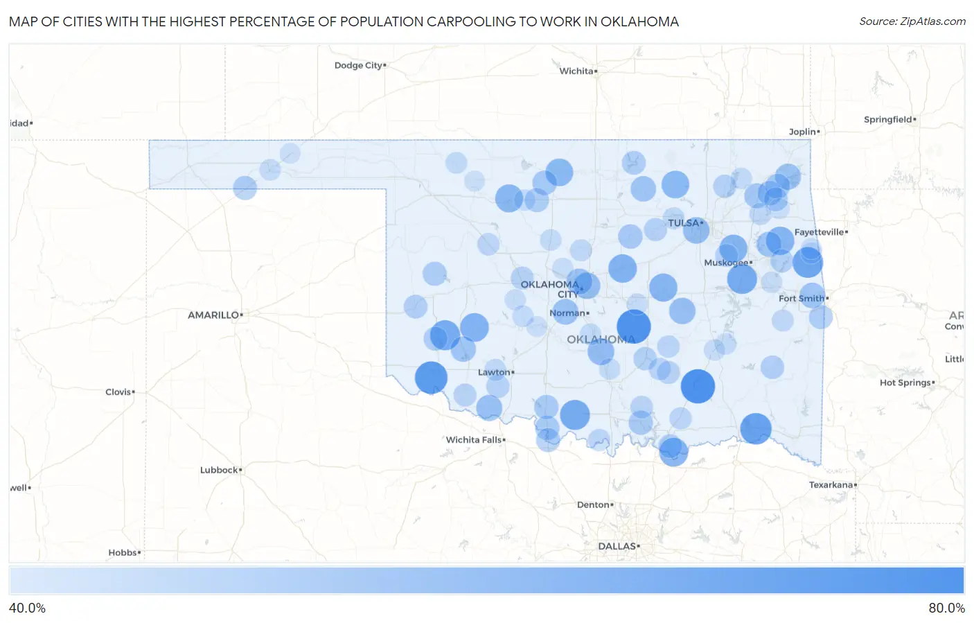 Cities with the Highest Percentage of Population Carpooling to Work in Oklahoma Map
