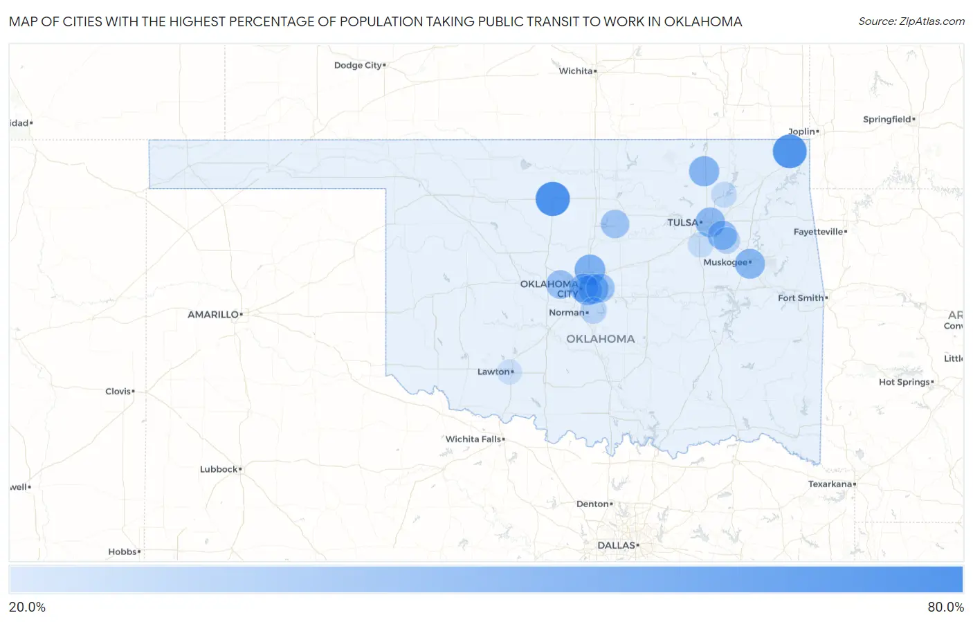 Cities with the Highest Percentage of Population Taking Public Transit to Work in Oklahoma Map