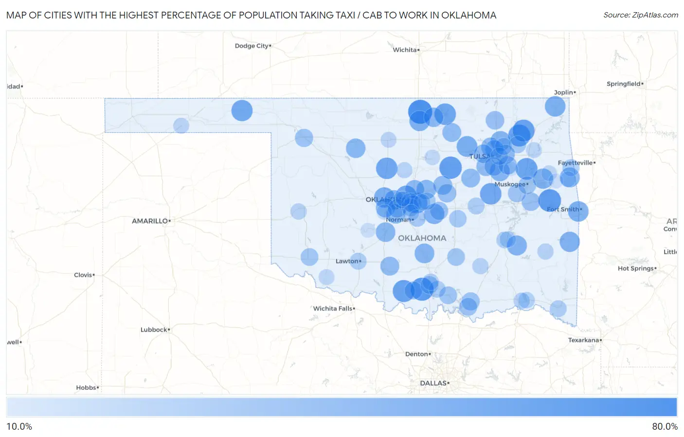 Cities with the Highest Percentage of Population Taking Taxi / Cab to Work in Oklahoma Map