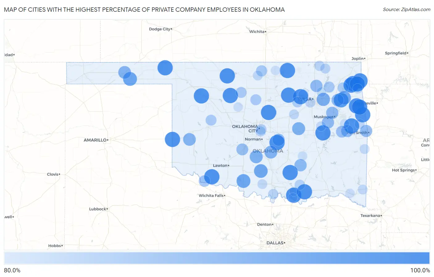 Cities with the Highest Percentage of Private Company Employees in Oklahoma Map