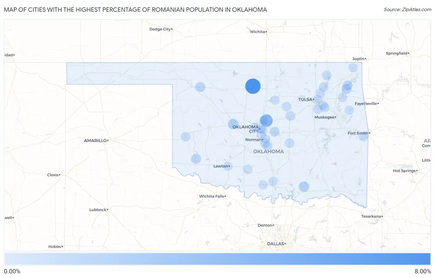 Cities with the Highest Percentage of Romanian Population in Oklahoma Map