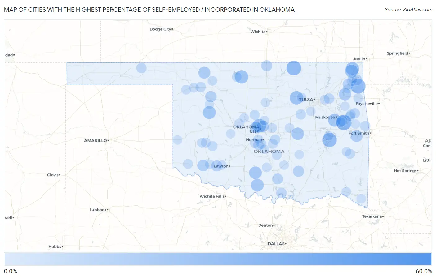 Cities with the Highest Percentage of Self-Employed / Incorporated in Oklahoma Map