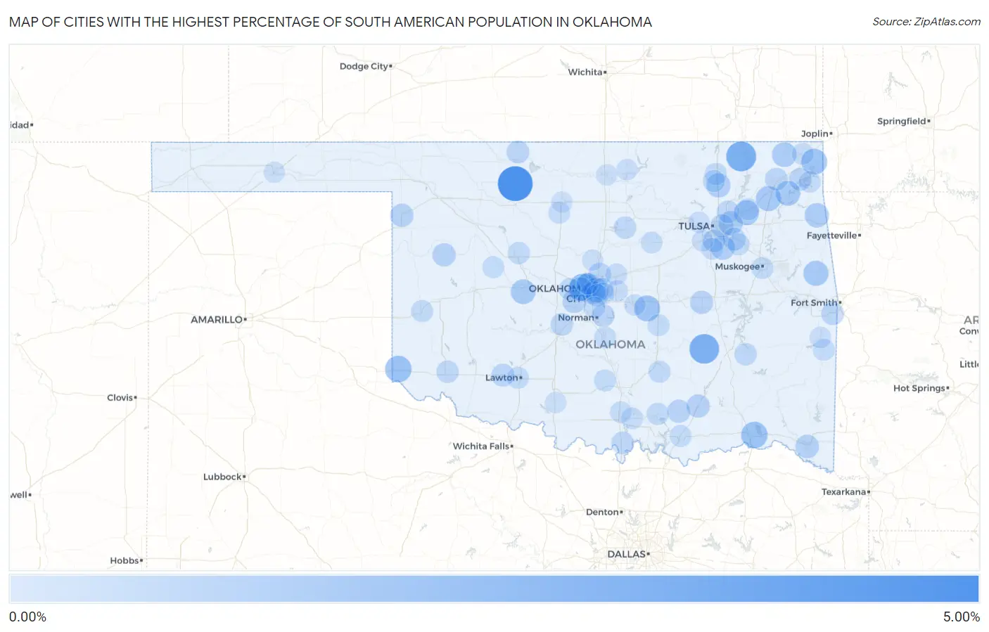 Cities with the Highest Percentage of South American Population in Oklahoma Map