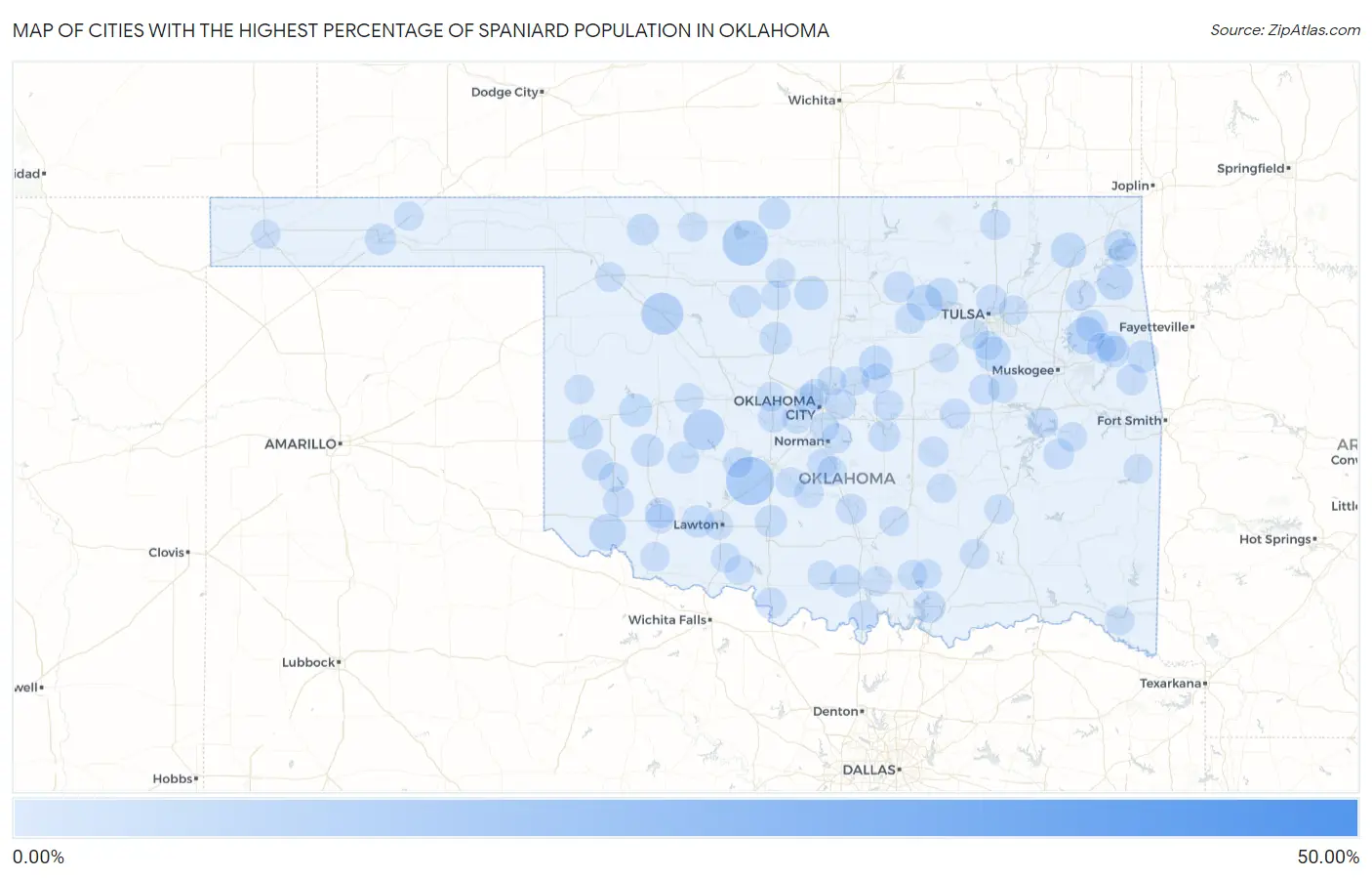 Cities with the Highest Percentage of Spaniard Population in Oklahoma Map