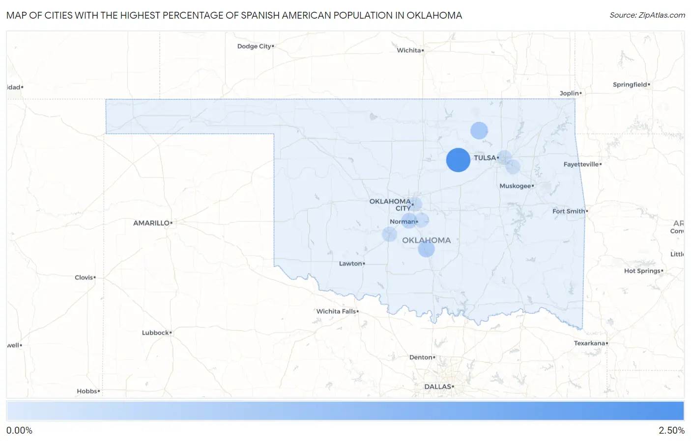 Cities with the Highest Percentage of Spanish American Population in Oklahoma Map