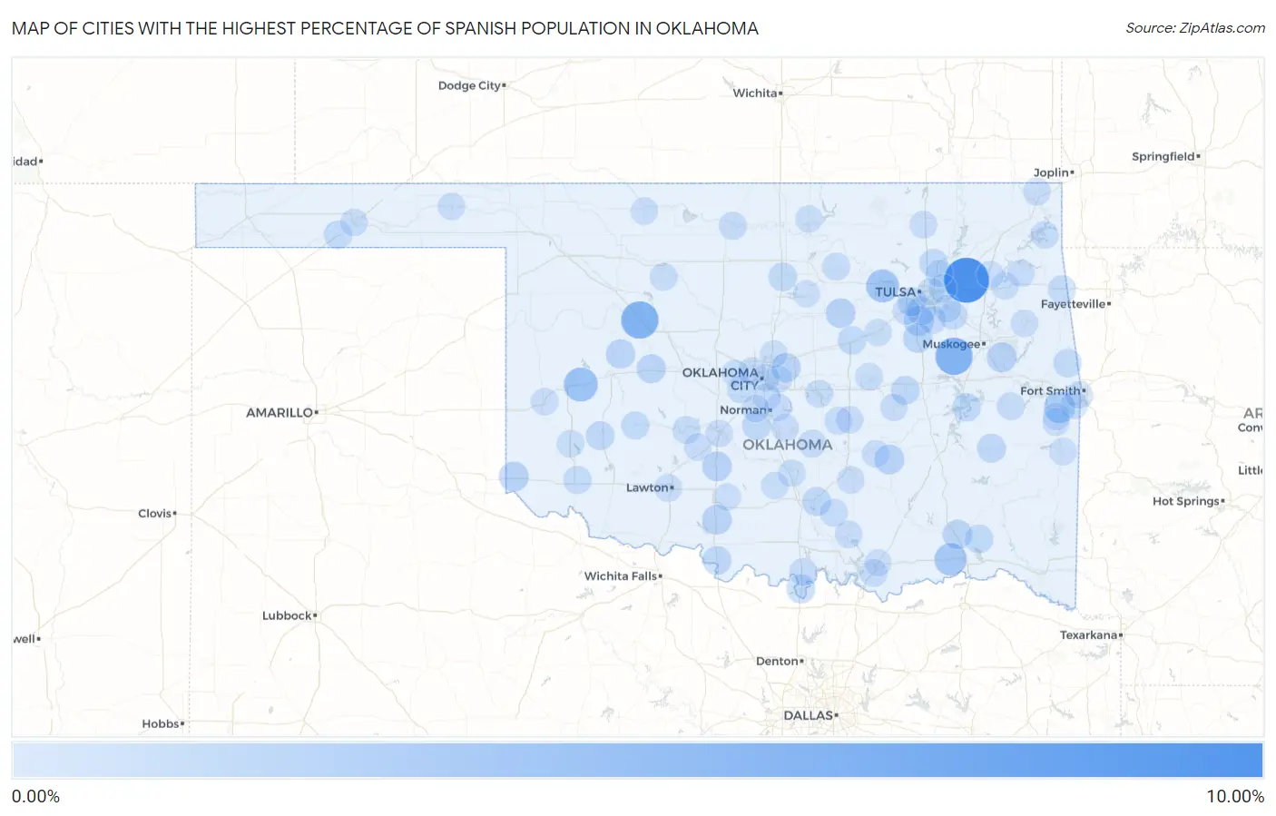 Cities with the Highest Percentage of Spanish Population in Oklahoma Map