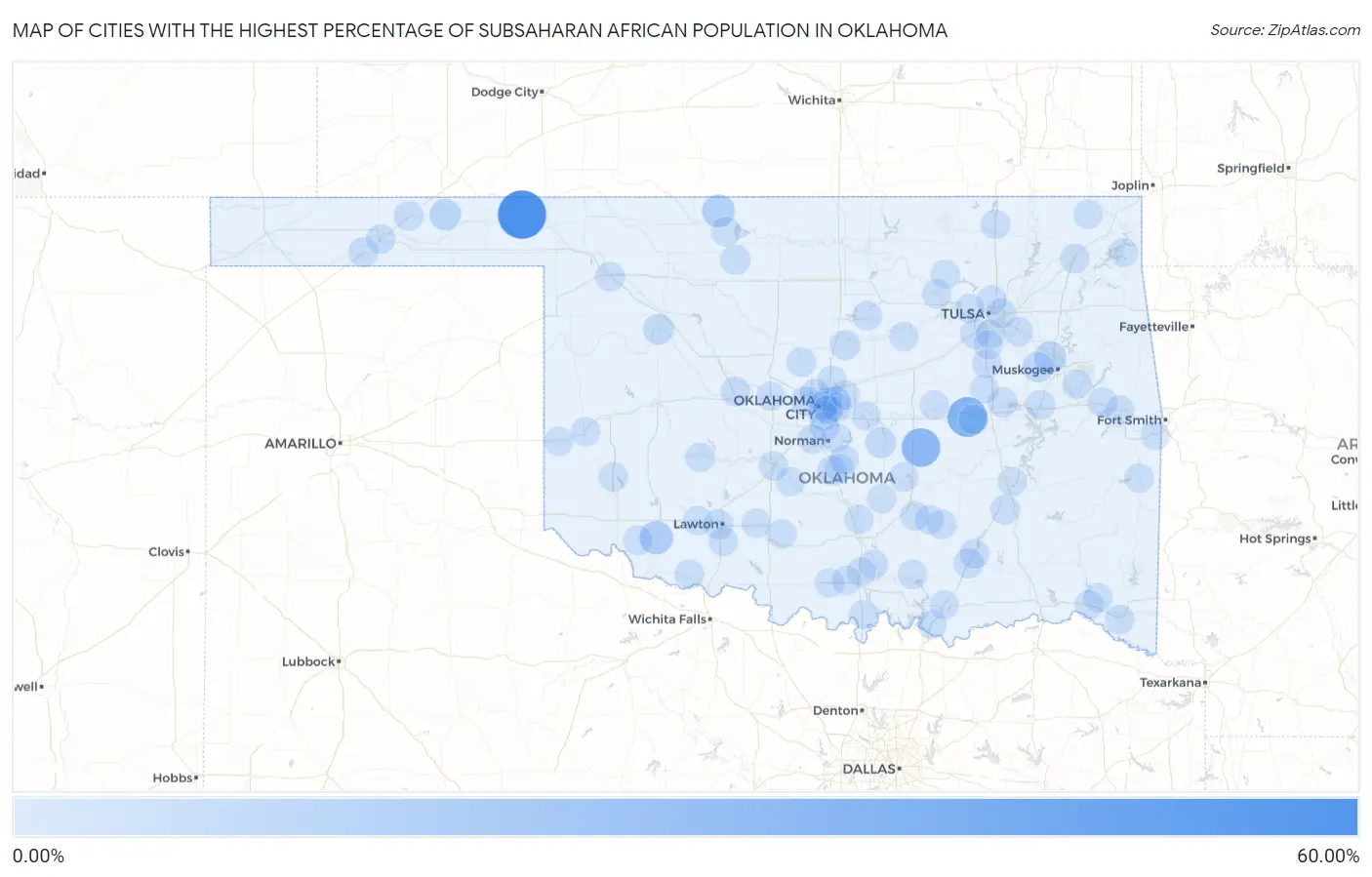 Cities with the Highest Percentage of Subsaharan African Population in Oklahoma Map