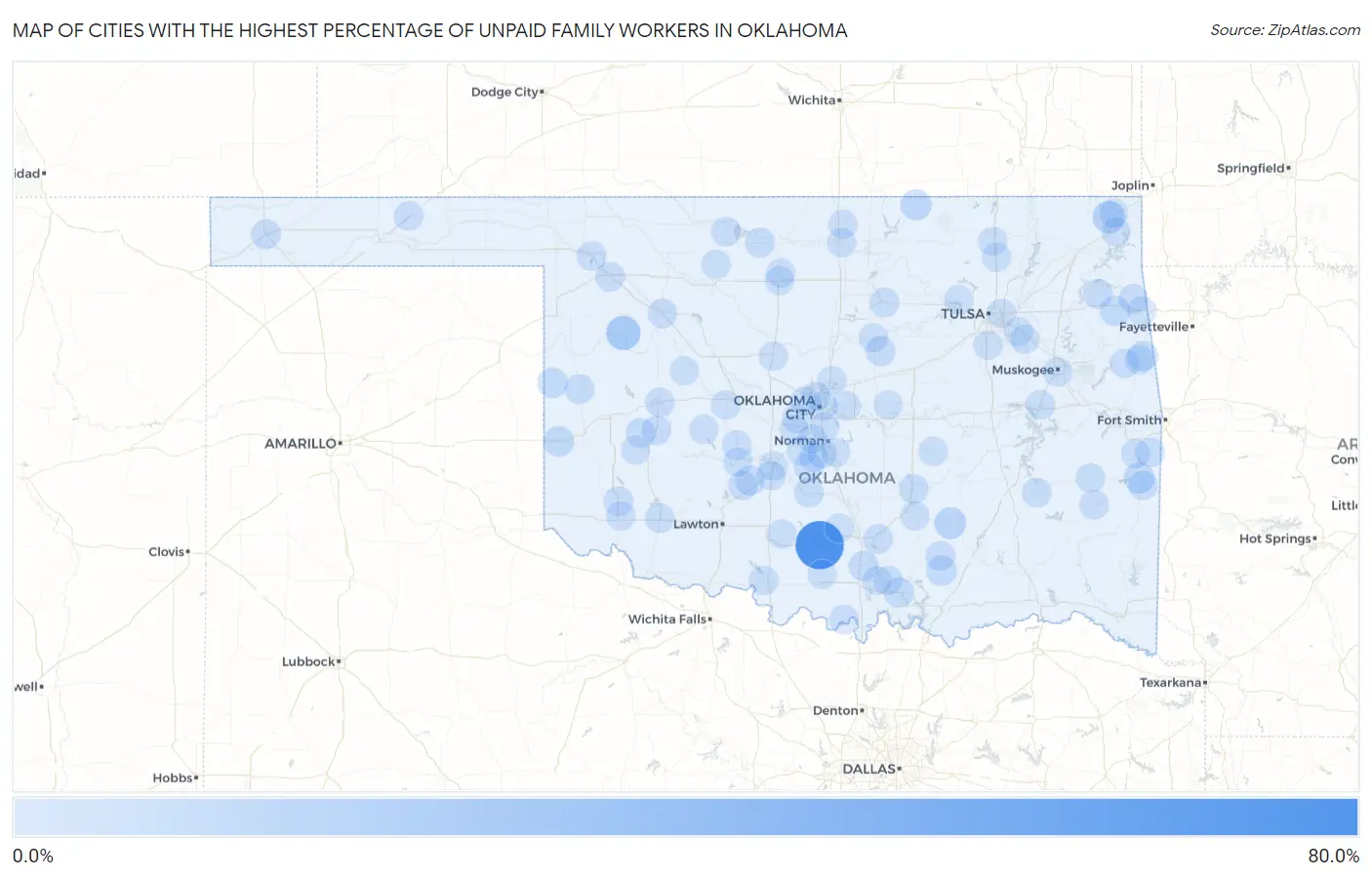 Cities with the Highest Percentage of Unpaid Family Workers in Oklahoma Map