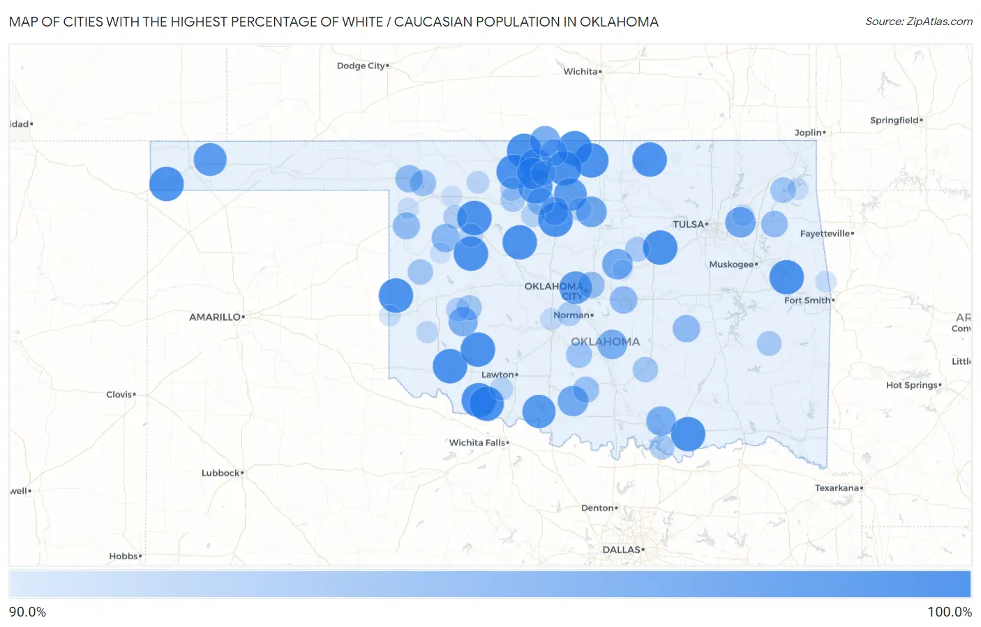 Cities with the Highest Percentage of White / Caucasian Population in Oklahoma Map
