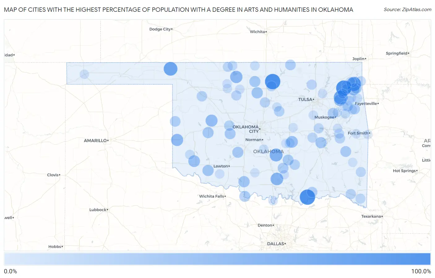 Cities with the Highest Percentage of Population with a Degree in Arts and Humanities in Oklahoma Map