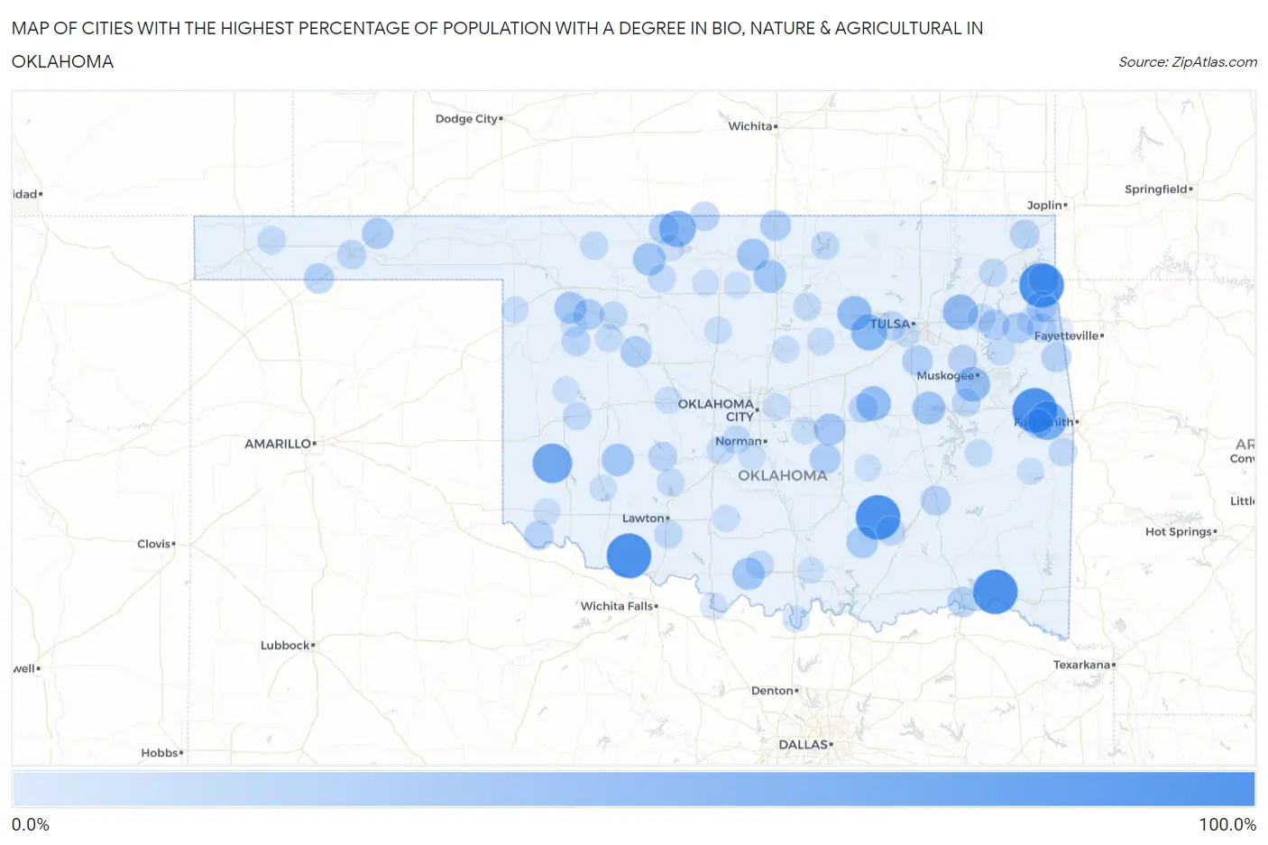 Cities with the Highest Percentage of Population with a Degree in Bio, Nature & Agricultural in Oklahoma Map