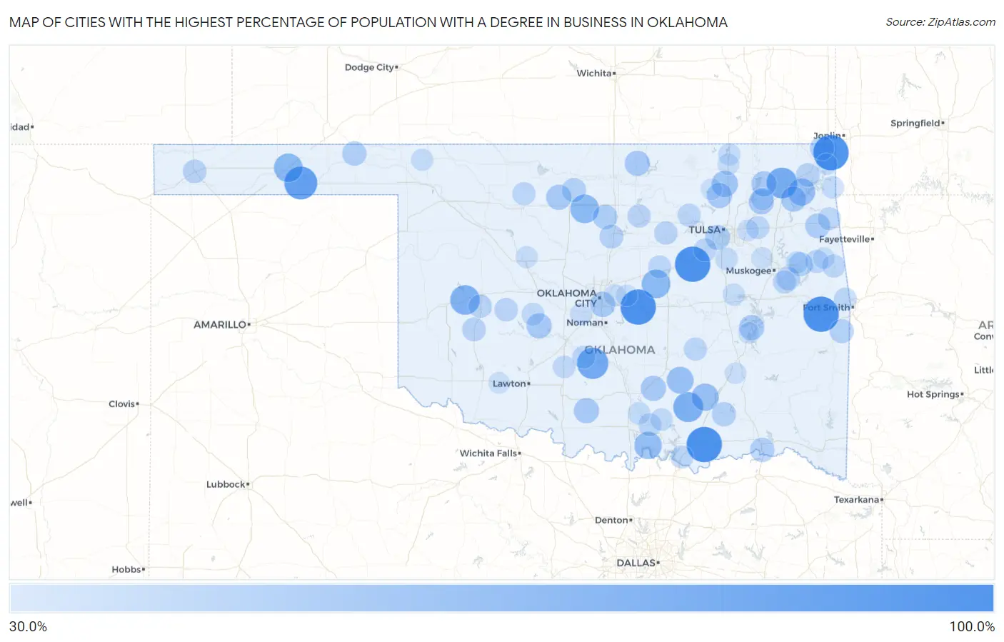Cities with the Highest Percentage of Population with a Degree in Business in Oklahoma Map