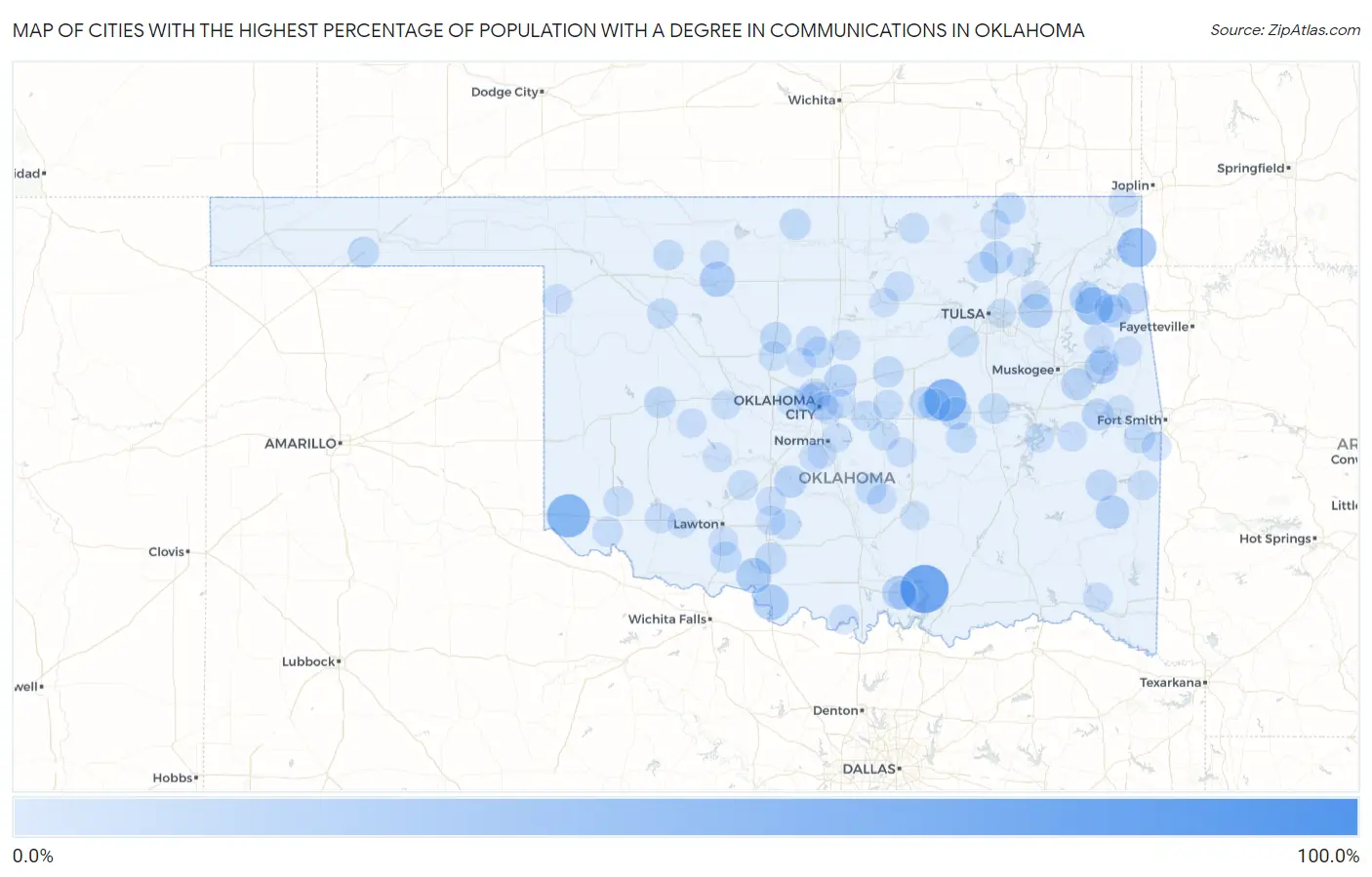 Cities with the Highest Percentage of Population with a Degree in Communications in Oklahoma Map