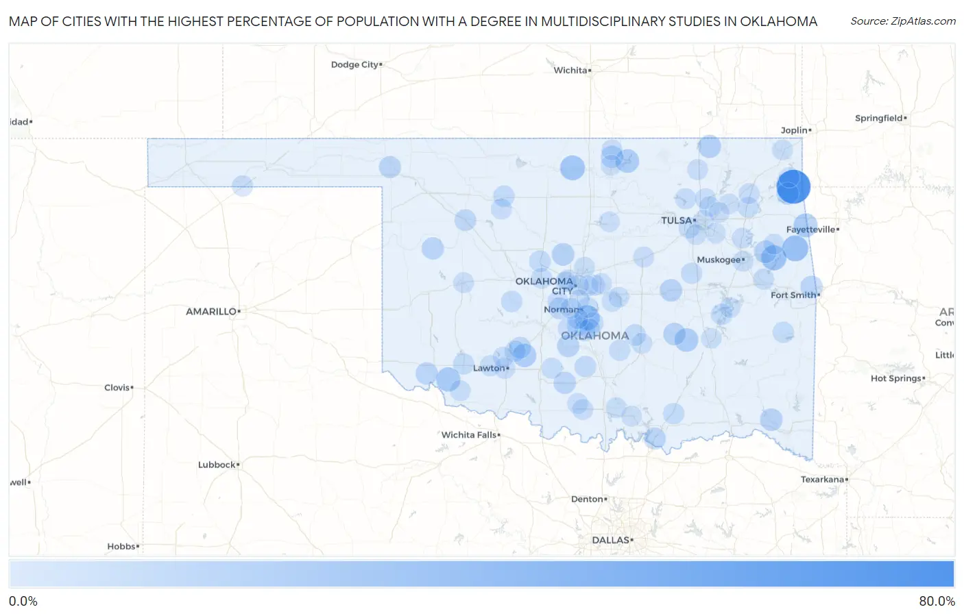 Cities with the Highest Percentage of Population with a Degree in Multidisciplinary Studies in Oklahoma Map