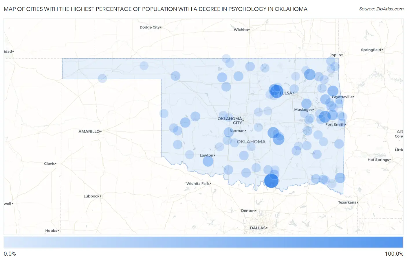 Cities with the Highest Percentage of Population with a Degree in Psychology in Oklahoma Map