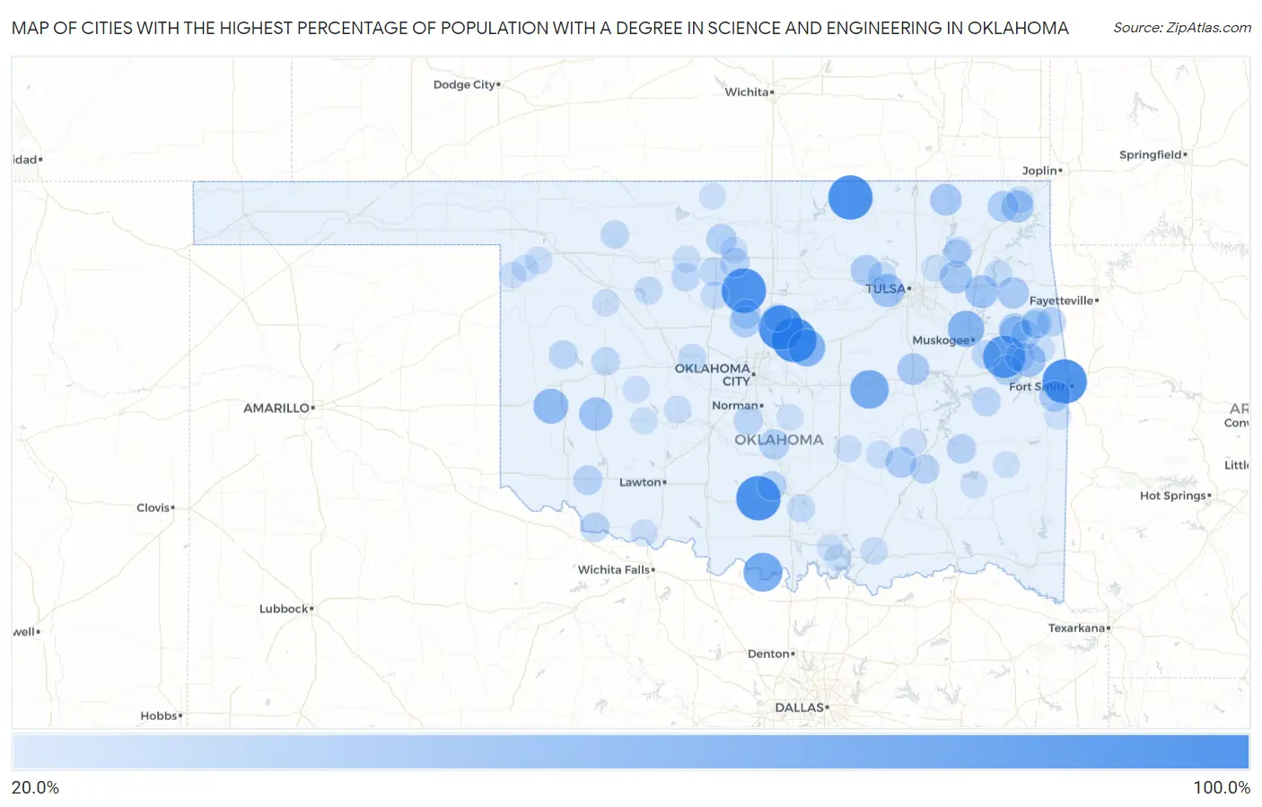 Cities with the Highest Percentage of Population with a Degree in Science and Engineering in Oklahoma Map