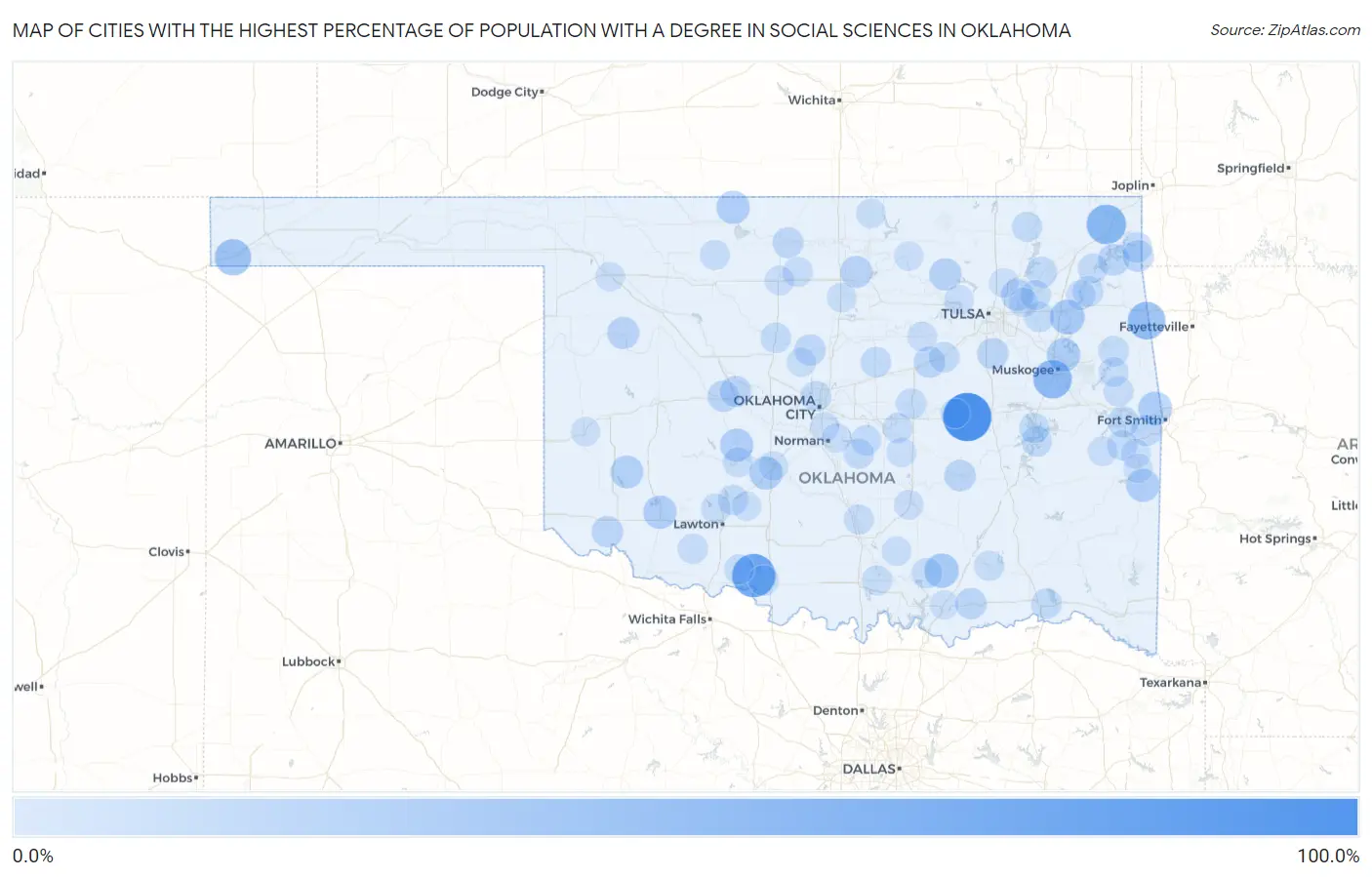 Cities with the Highest Percentage of Population with a Degree in Social Sciences in Oklahoma Map