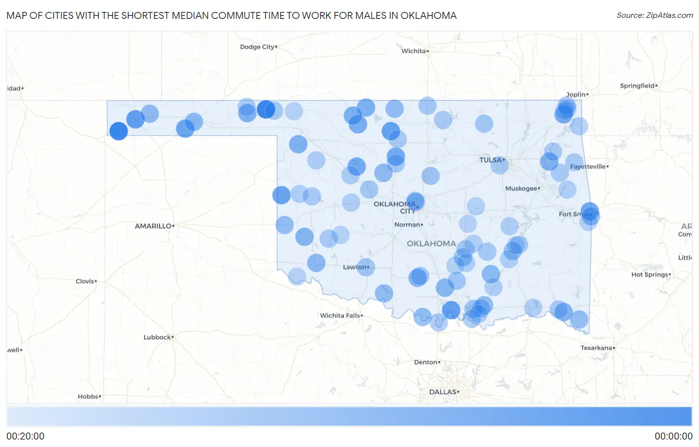Cities with the Shortest Median Commute Time to Work for Males in Oklahoma Map