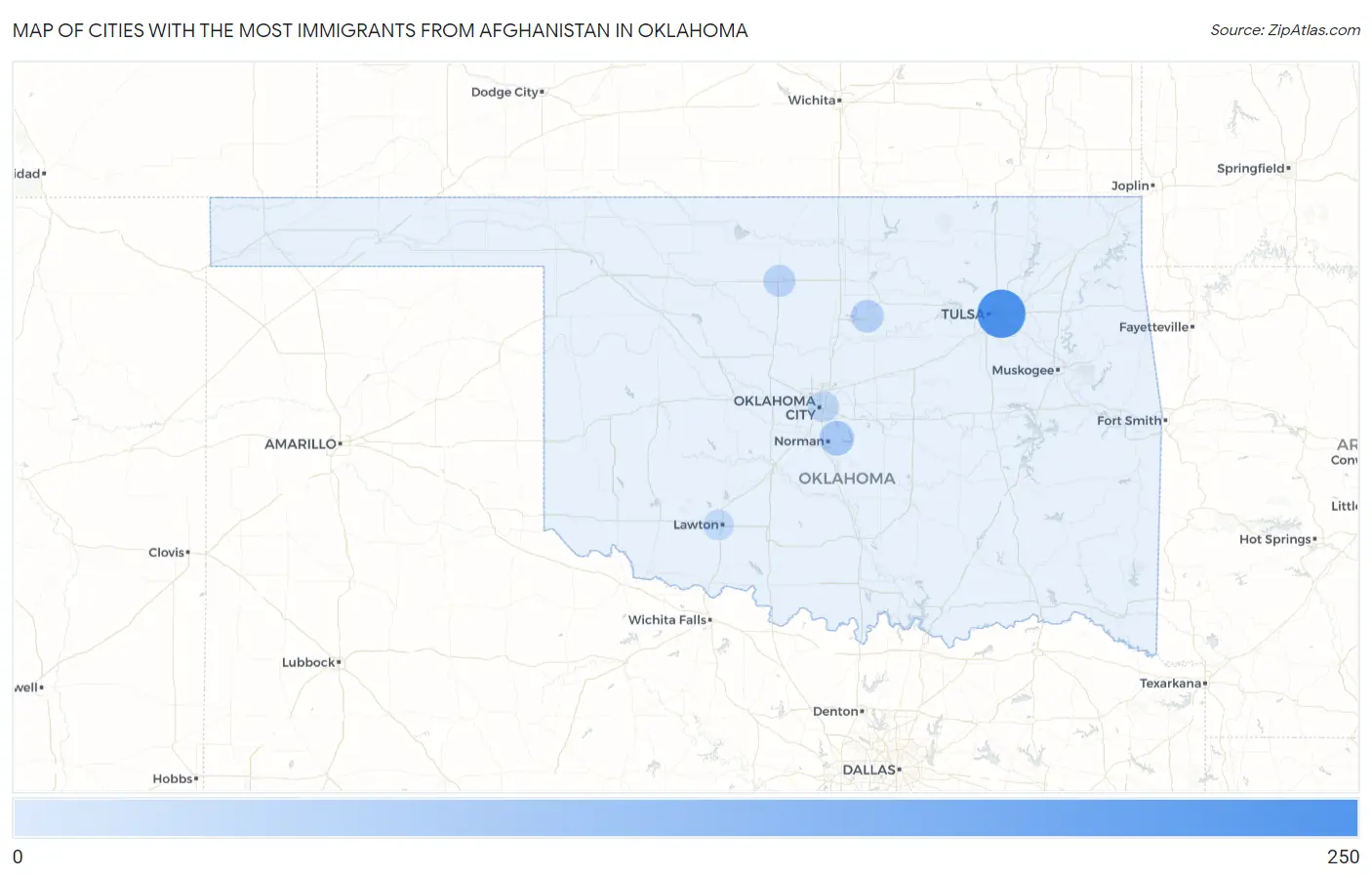 Cities with the Most Immigrants from Afghanistan in Oklahoma Map