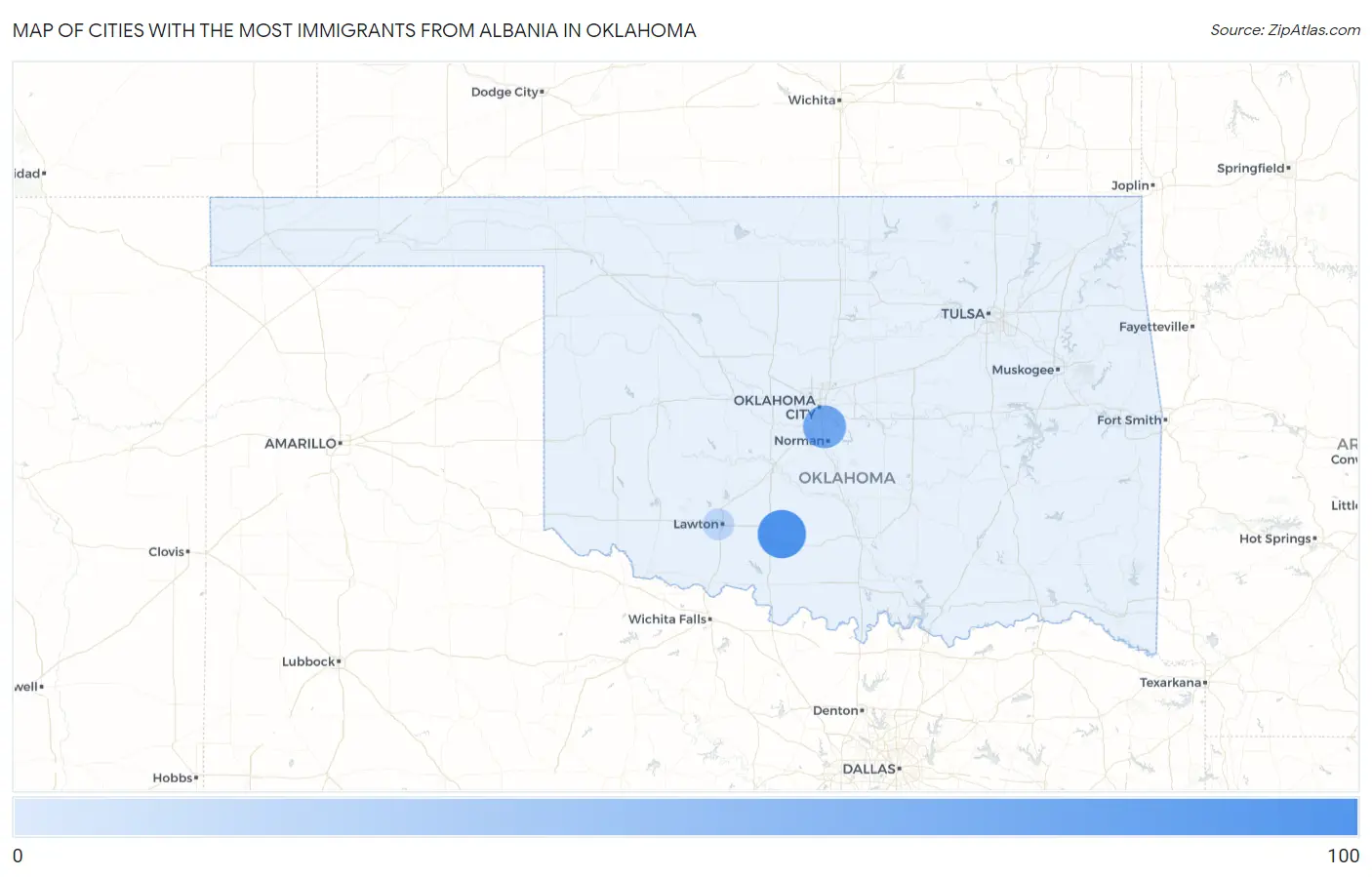 Cities with the Most Immigrants from Albania in Oklahoma Map