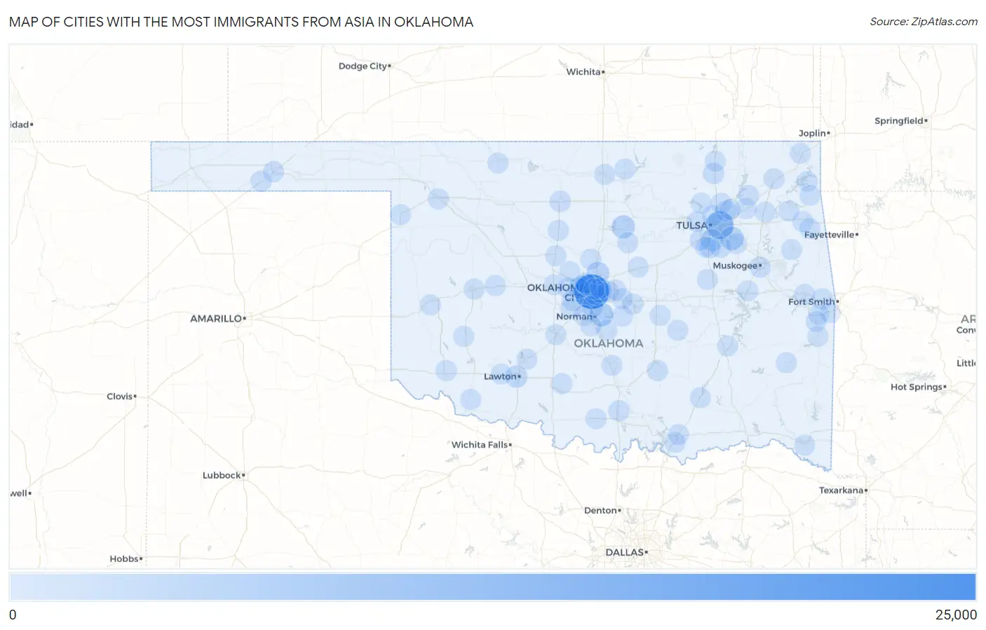 Cities with the Most Immigrants from Asia in Oklahoma Map
