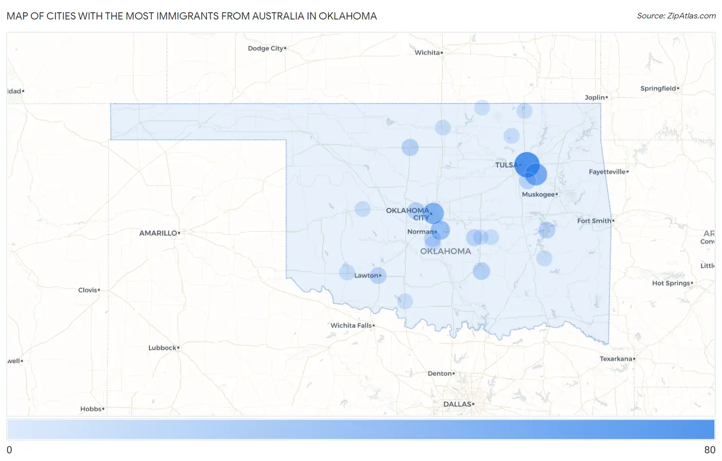 Cities with the Most Immigrants from Australia in Oklahoma Map