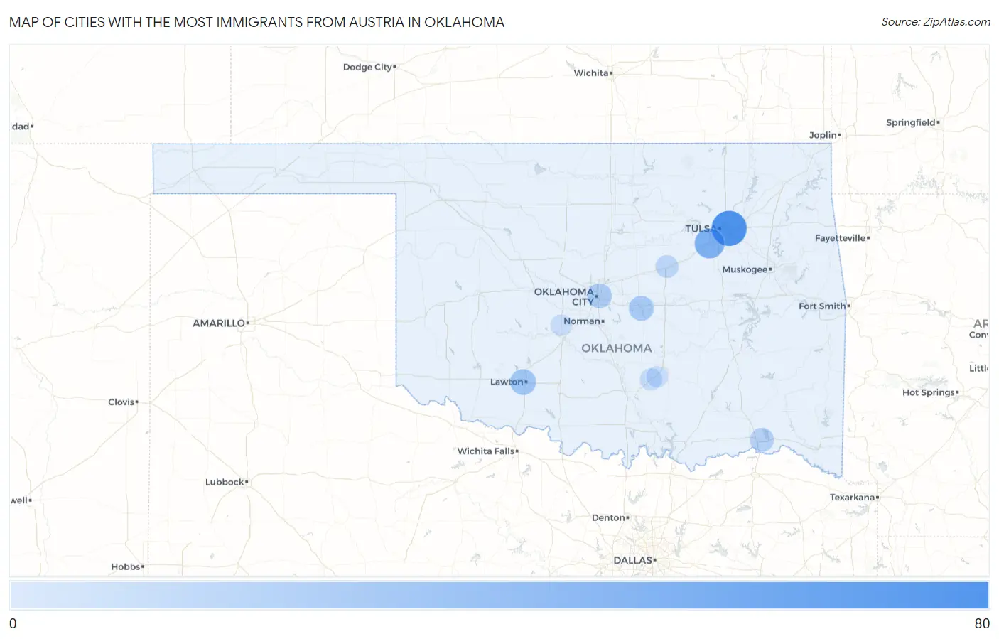 Cities with the Most Immigrants from Austria in Oklahoma Map