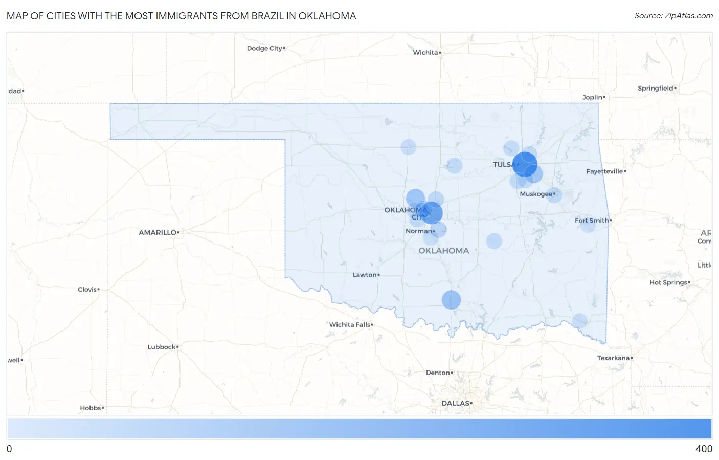 Cities with the Most Immigrants from Brazil in Oklahoma Map