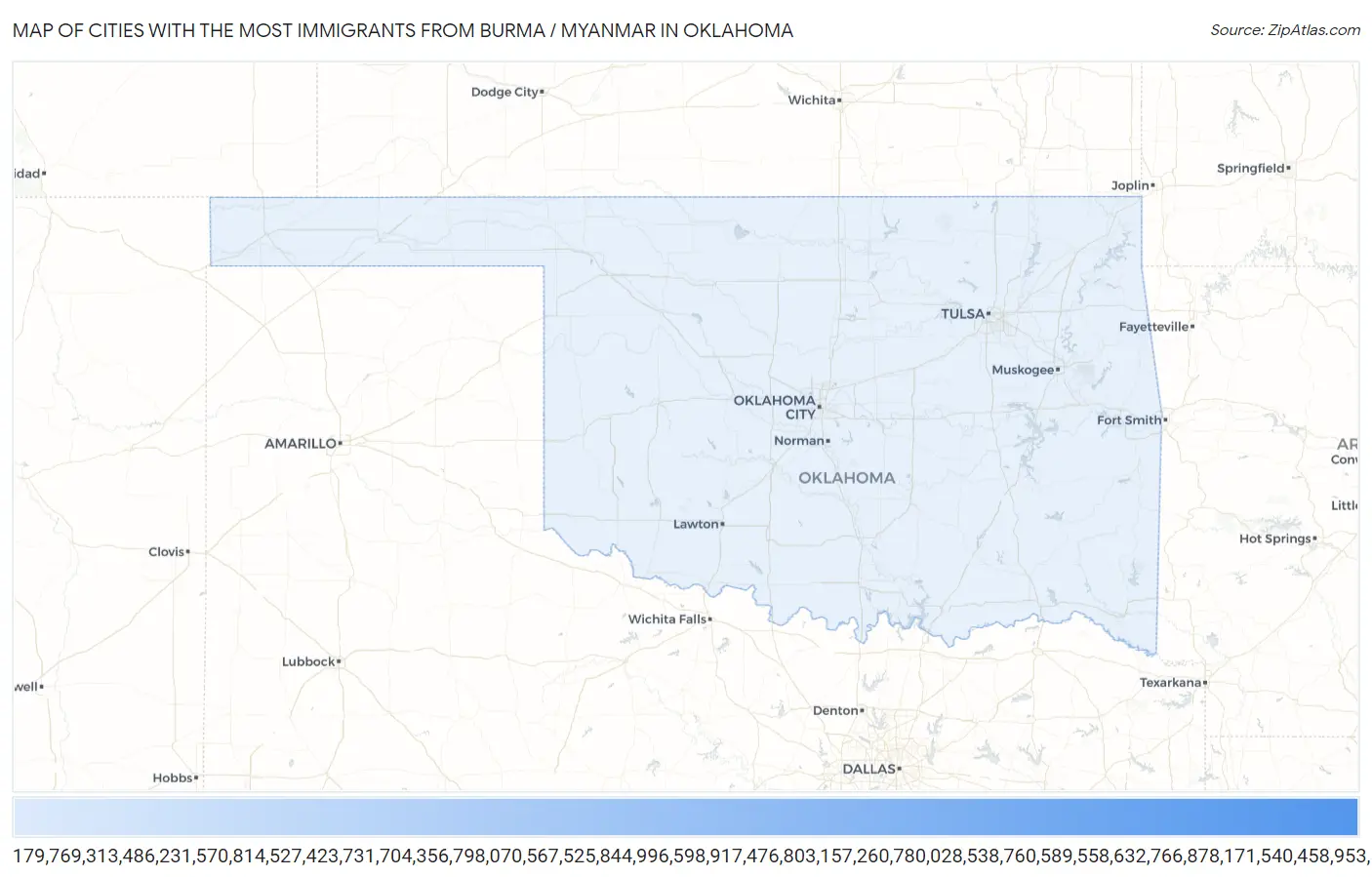 Cities with the Most Immigrants from Burma / Myanmar in Oklahoma Map