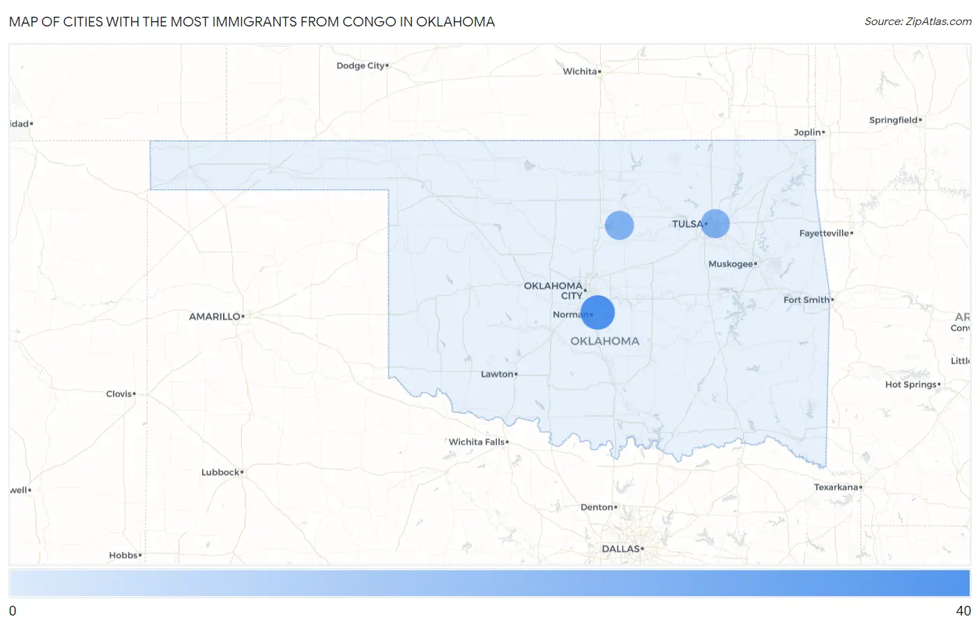 Cities with the Most Immigrants from Congo in Oklahoma Map