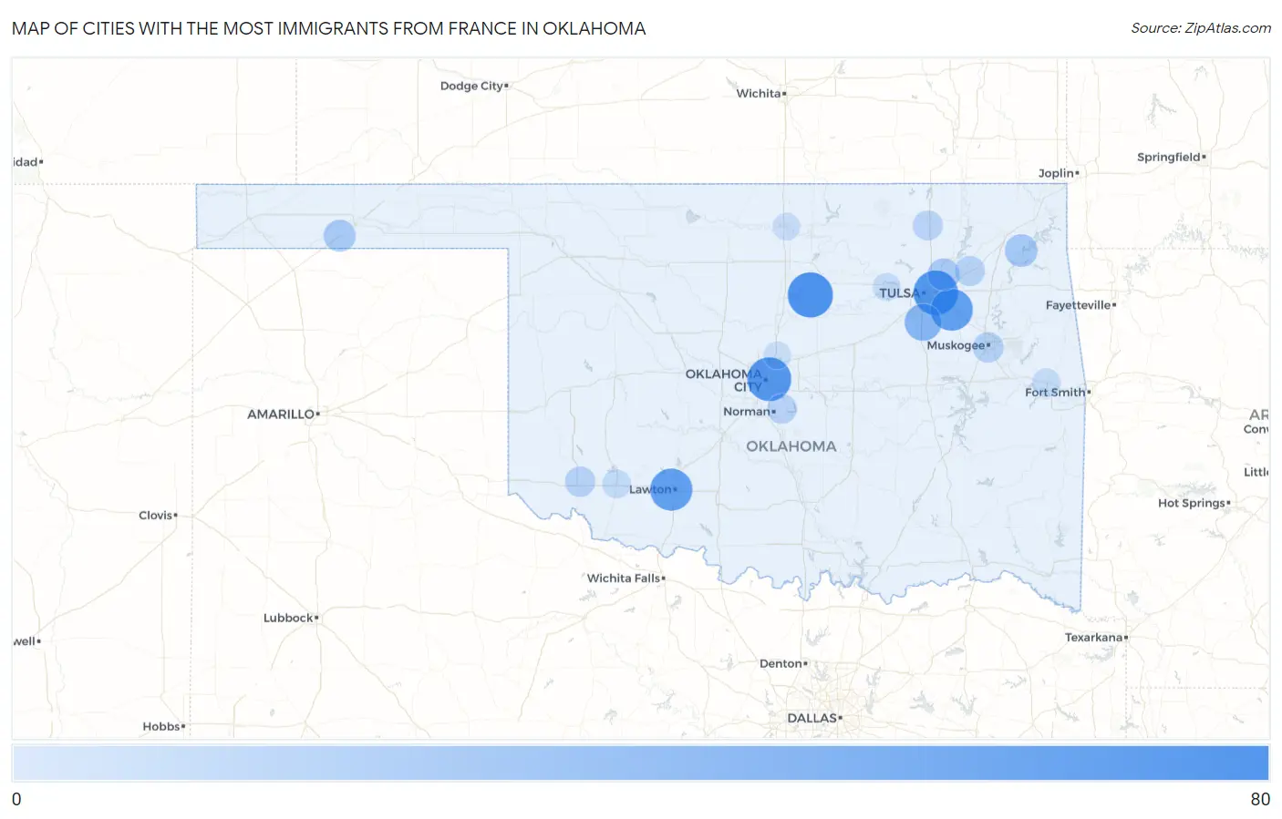 Cities with the Most Immigrants from France in Oklahoma Map