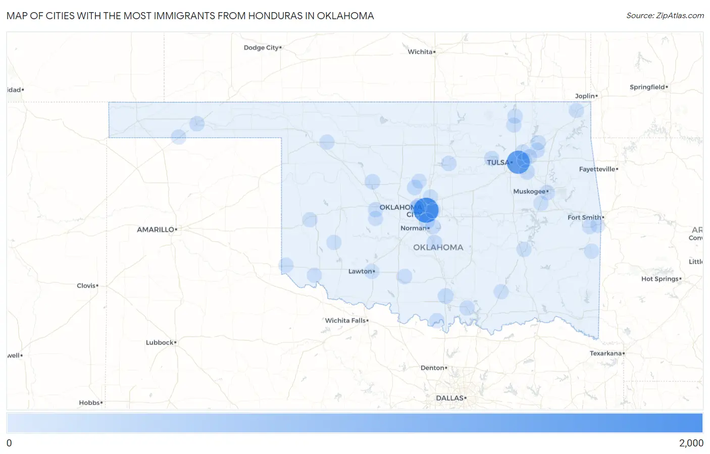Cities with the Most Immigrants from Honduras in Oklahoma Map