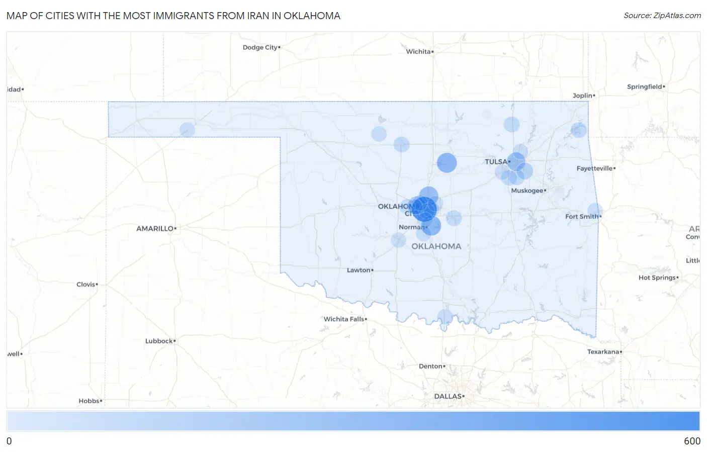 Cities with the Most Immigrants from Iran in Oklahoma Map