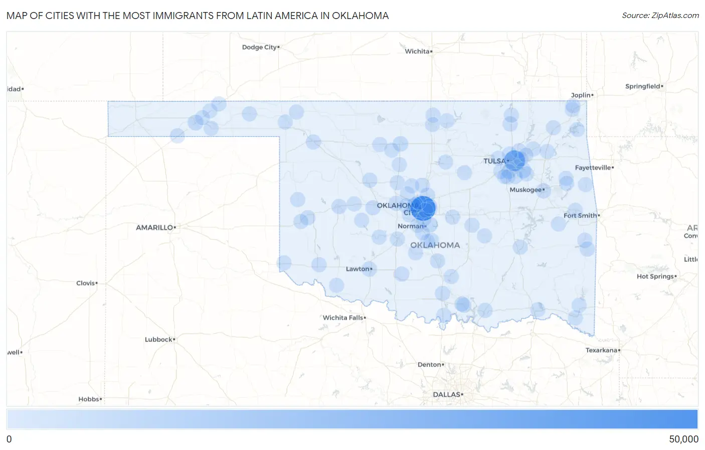 Cities with the Most Immigrants from Latin America in Oklahoma Map