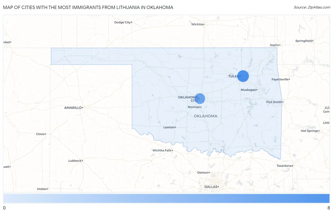 Cities with the Most Immigrants from Lithuania in Oklahoma Map