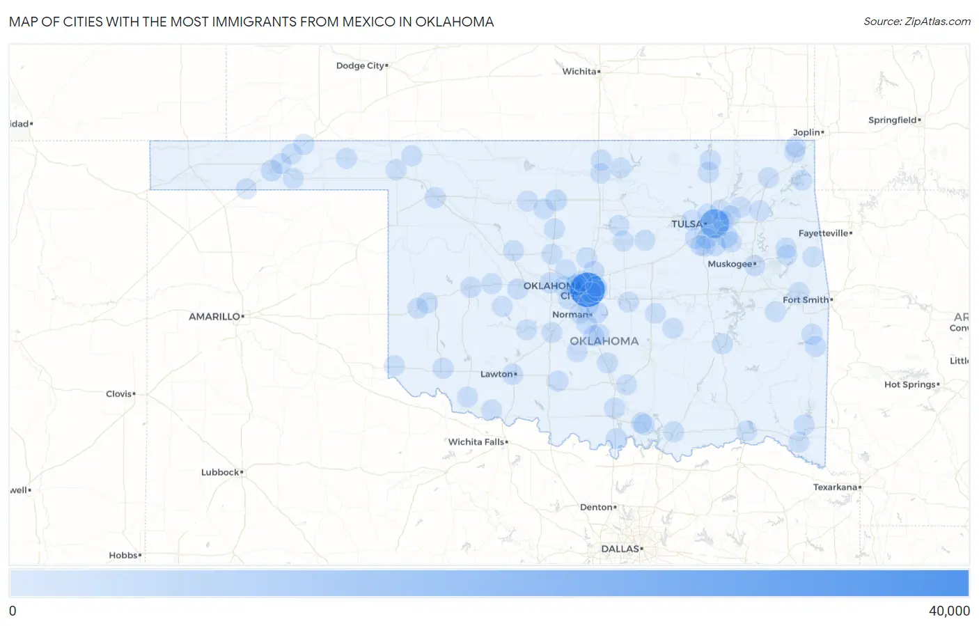 Cities with the Most Immigrants from Mexico in Oklahoma Map