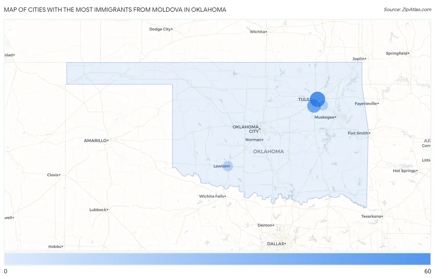 Cities with the Most Immigrants from Moldova in Oklahoma Map