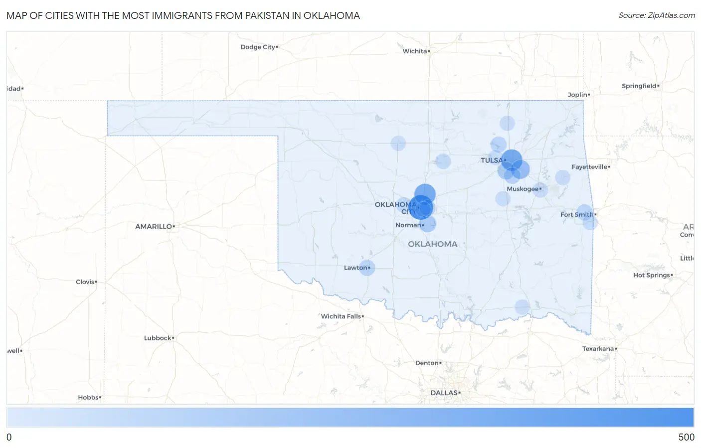 Cities with the Most Immigrants from Pakistan in Oklahoma Map
