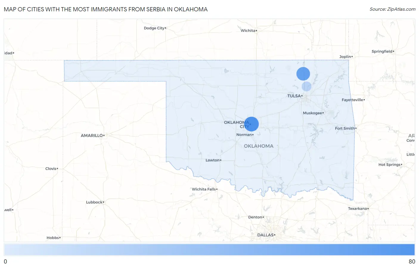 Cities with the Most Immigrants from Serbia in Oklahoma Map
