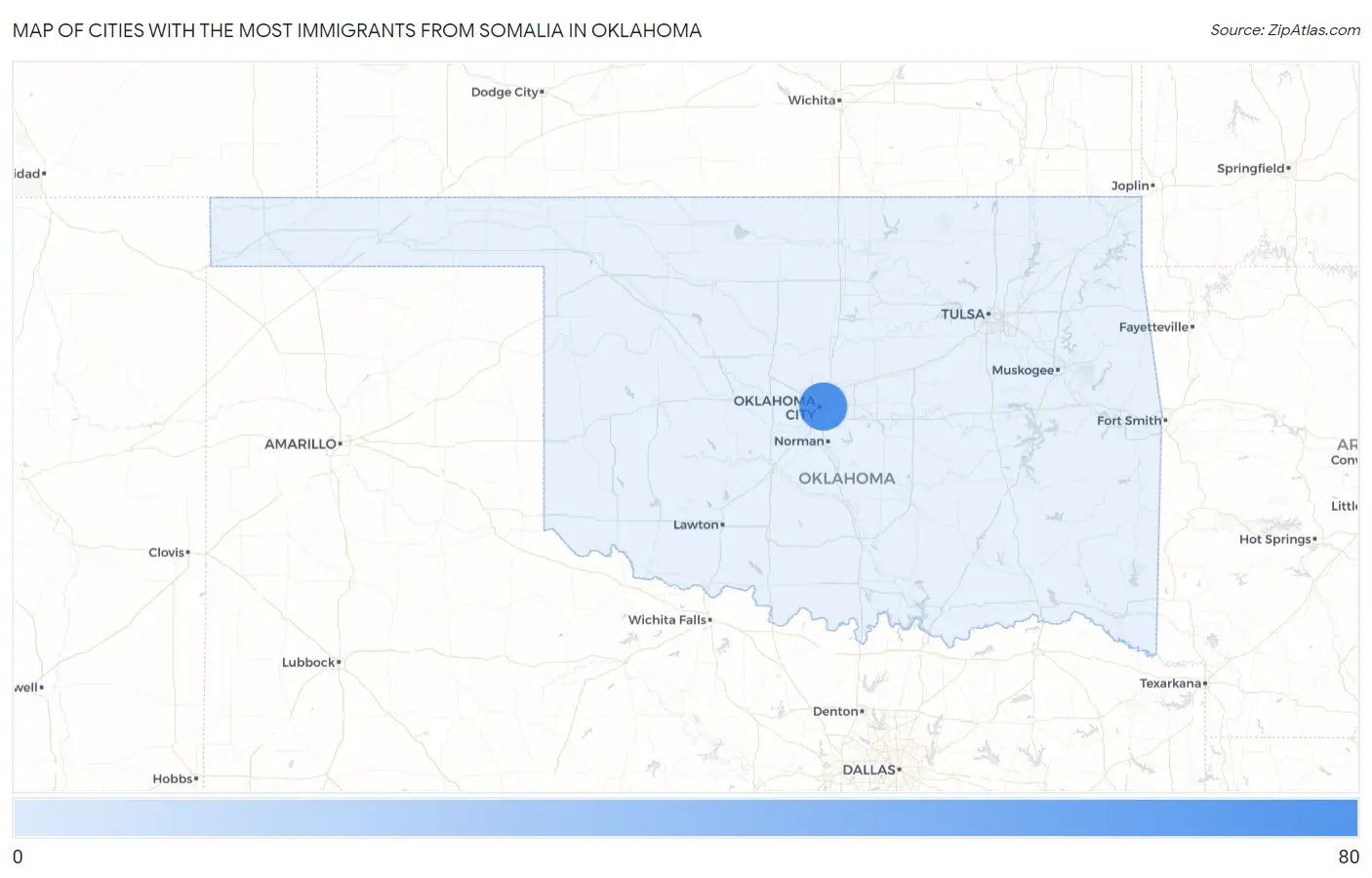 Cities with the Most Immigrants from Somalia in Oklahoma Map