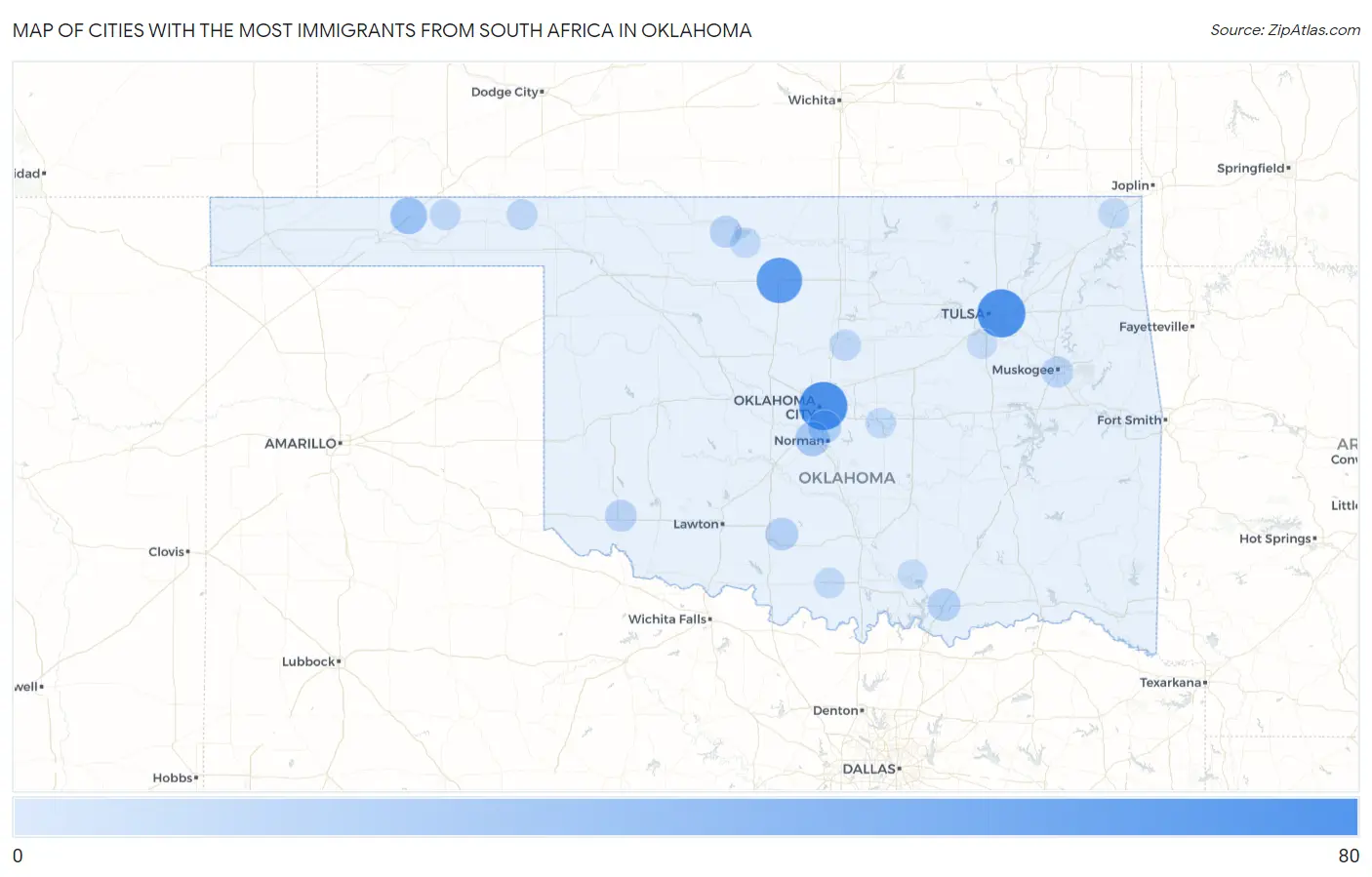 Cities with the Most Immigrants from South Africa in Oklahoma Map