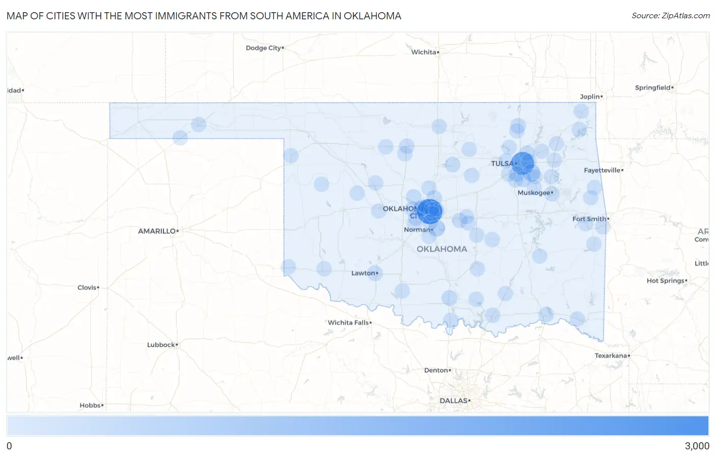 Cities with the Most Immigrants from South America in Oklahoma Map