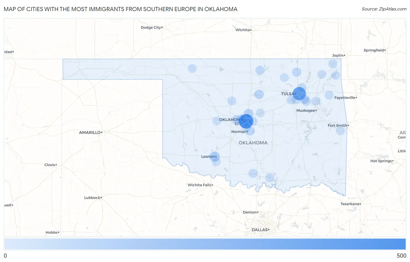 Cities with the Most Immigrants from Southern Europe in Oklahoma Map