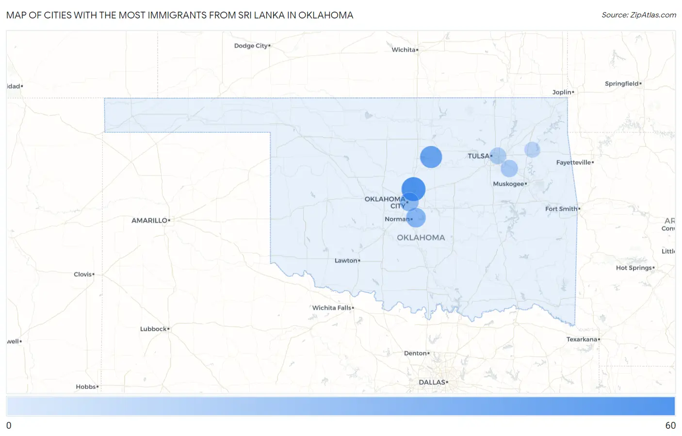 Cities with the Most Immigrants from Sri Lanka in Oklahoma Map