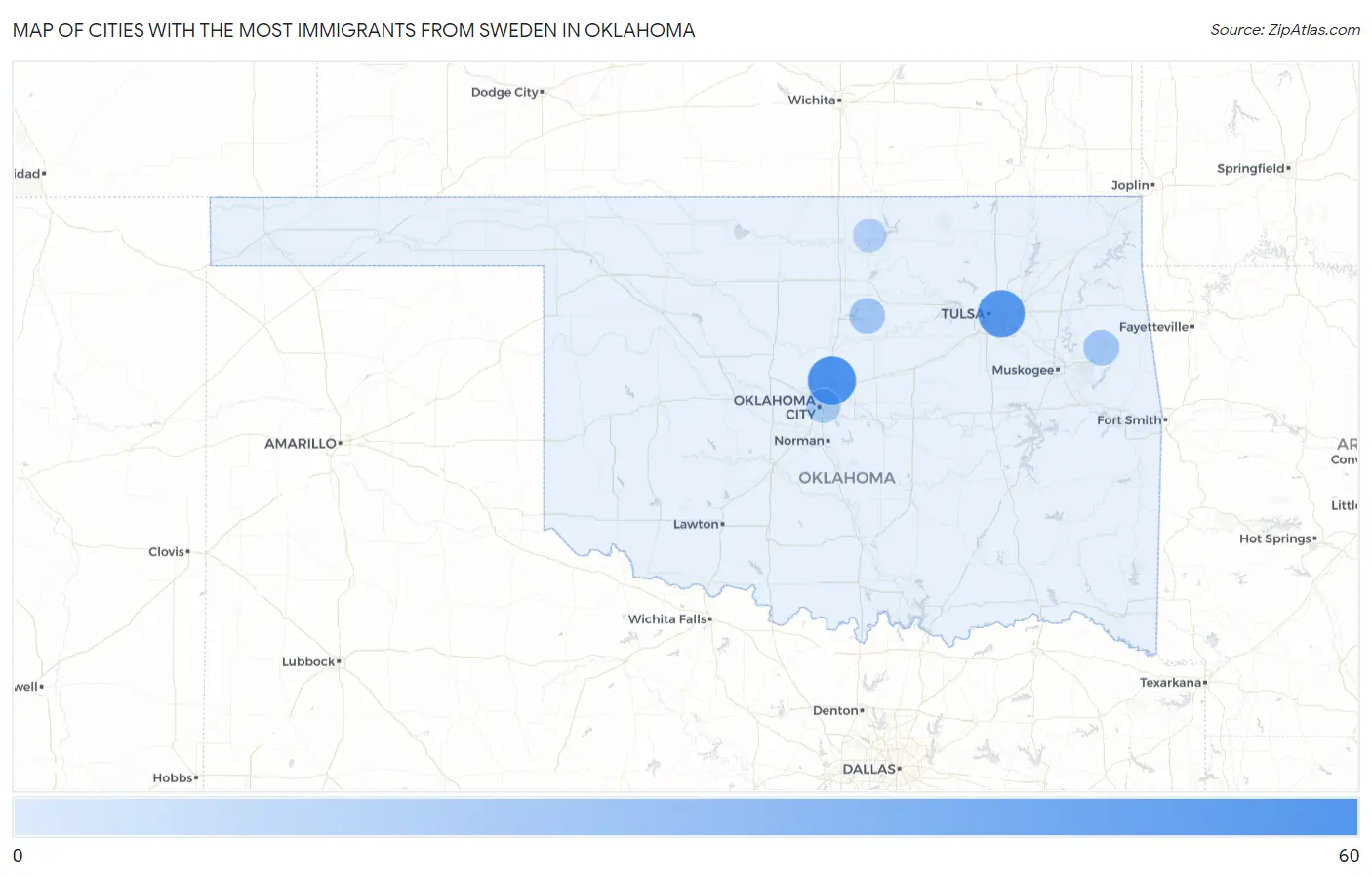Cities with the Most Immigrants from Sweden in Oklahoma Map