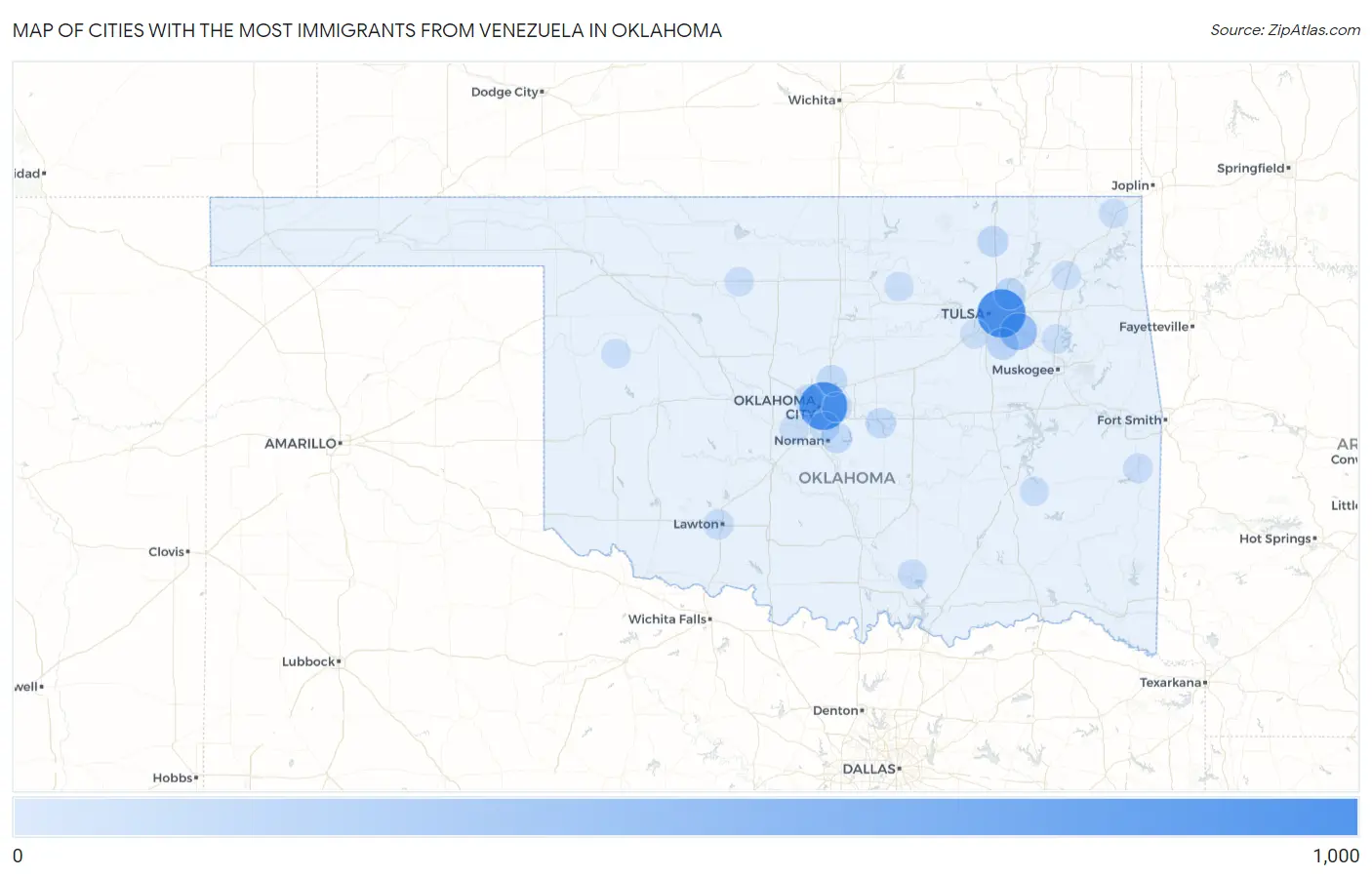 Cities with the Most Immigrants from Venezuela in Oklahoma Map