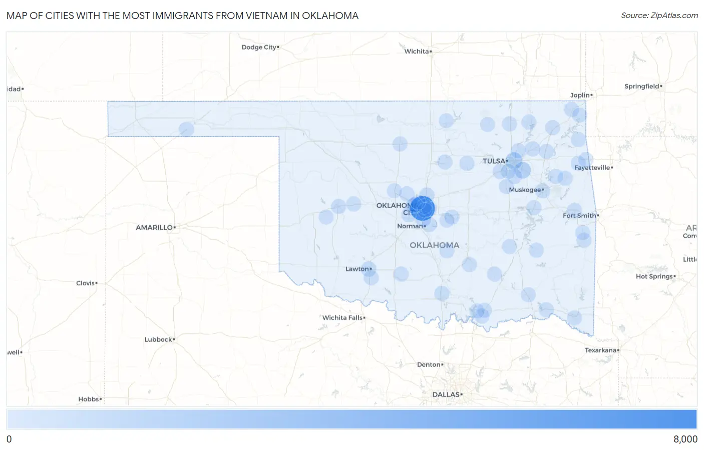 Cities with the Most Immigrants from Vietnam in Oklahoma Map