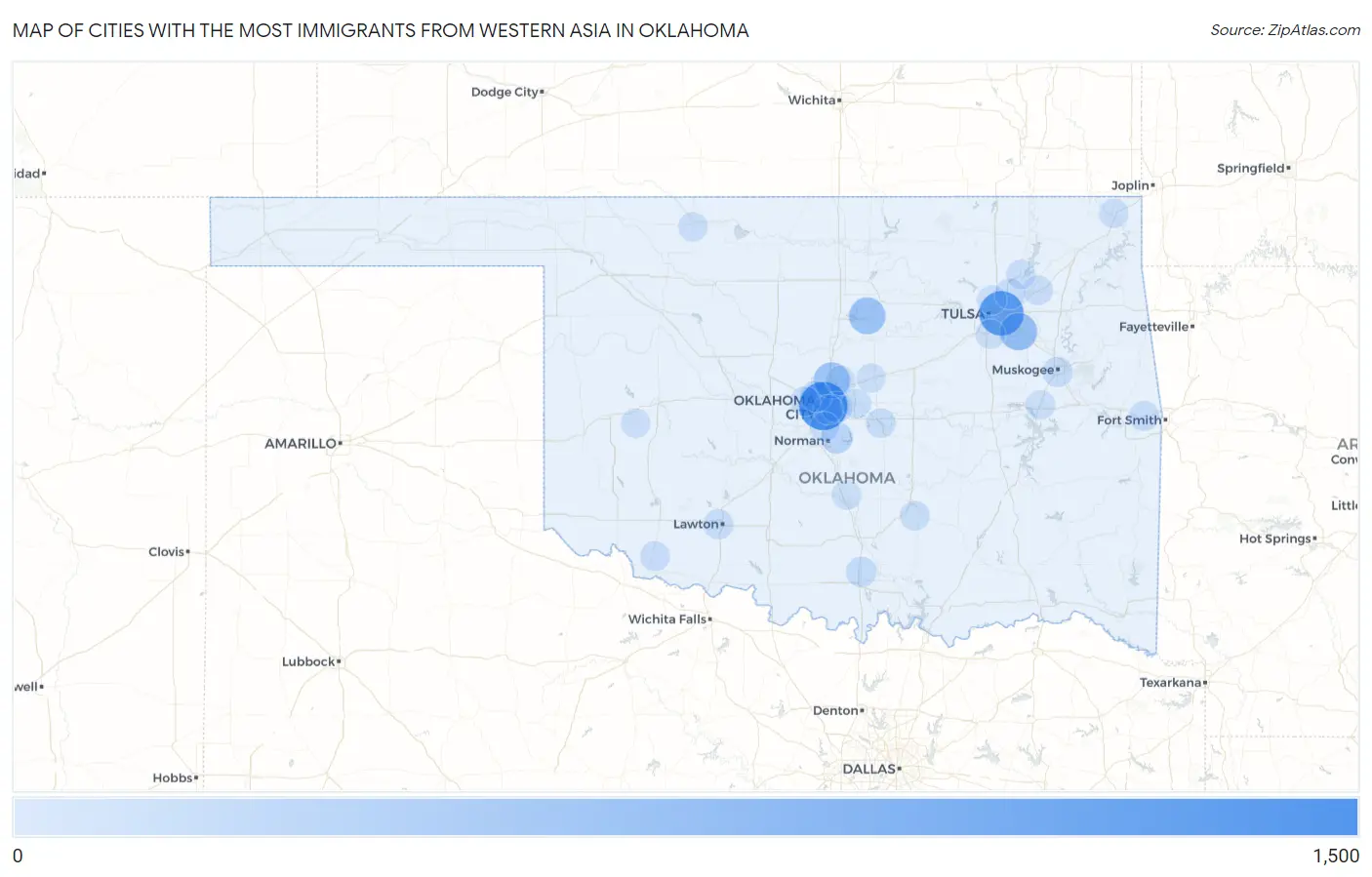 Cities with the Most Immigrants from Western Asia in Oklahoma Map