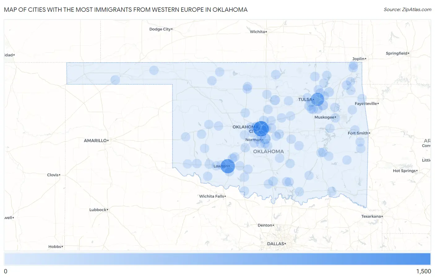 Cities with the Most Immigrants from Western Europe in Oklahoma Map